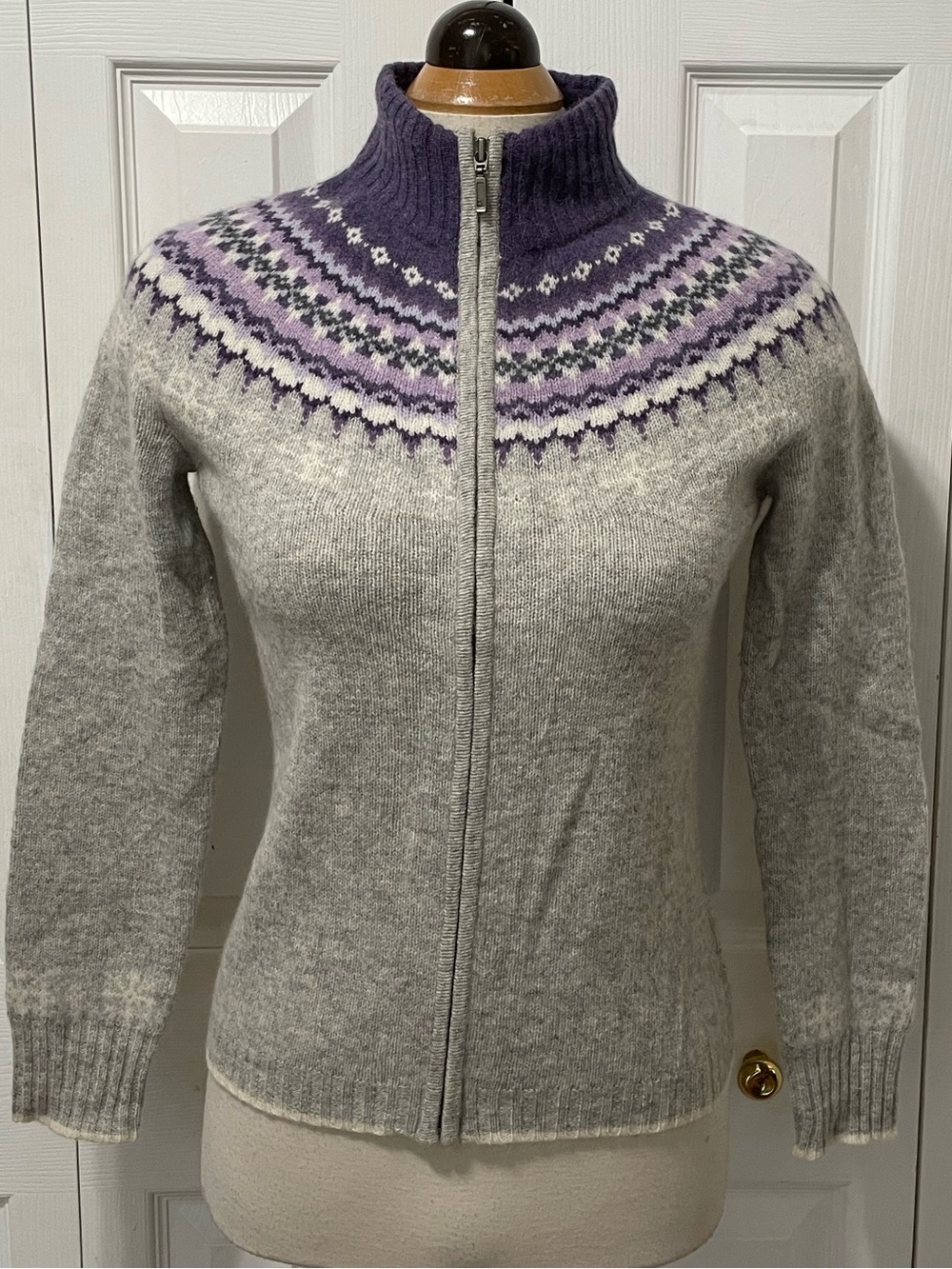 Eddie Bauer Gray Zip Lambs Wool Nordic Sweater Cardigan